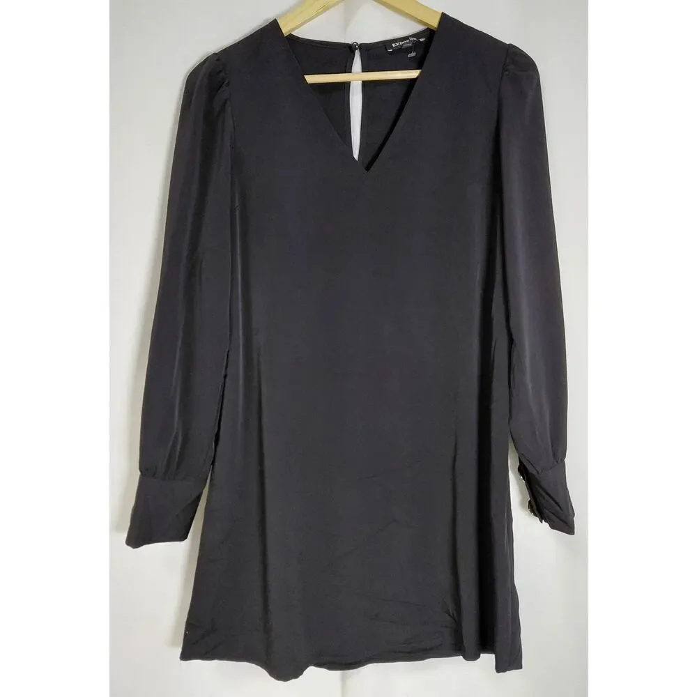 Express Black V-Neck Long Sleeve Gold Button Cuff Shift Dress Women Size XS